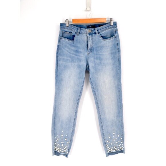 FDJ French Dressing Olivia Step Hem Faux Pearl Embellished SkinnyJeans Blue 12 - Picture 1 of 8